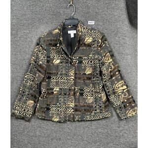 Ell Jay Jacket Womens Medium Black Gold Brown Abstract Pattern Button Up Canada